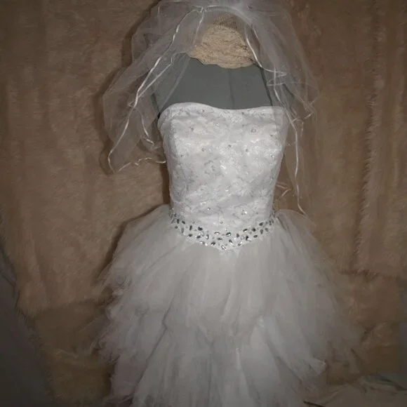 Short DRESS White Tule with Lace Top Size M/L USED4PHOTO SHOOT BY JJ'S House - Picture 7 of 11